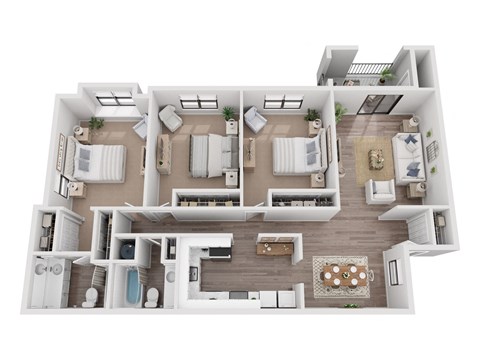Floor plan for 3 beds, 2 baths, 1343 sqft